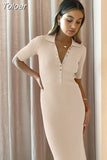Dress Women 2023 Summer Short Sleeve Polo Neck Slim Boho Midi Dress Woman Fashion Black White Bodycon Dresses