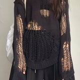 Hollow Out Thin Knit Long Sweater Pullover Women Jumper Korean Style Long Sleeve Sexy Hole Irregular Hem Loose Tops