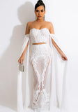 White Sweet Off-the-shoulder Cape Sleeve Solid Mesh Sequined SkinnyTwo Piece Skirt