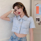 New Tweed Sets 2 Piece Set Women Skirt Suit Fashion Sexy Short Sleeve Single-Breasted Crop Top + Mini Skirt Sets