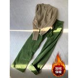 Retro Green High-Waisted Plus Velvet Slack Autumn And Winter New Set Thin Corduroy Broad Leg