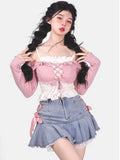 Kawaii Denim Mini Skirt Women Sexy Gyaru Pink Bow Bandage Lace Patchwork High Waist Pleated Jean Skirt Y2k Shorts