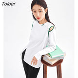 Women Tees 2023 Spring Long Sleeve O Neck Loose Tshirt Strapless Split Hem Contrast Color Pure Cotton Comfort
