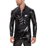 Toloer Men's PU Mirror Bright Leather Long Sleeve Casual Leather Jacket Slim Zipper Standing Collar T-Shirt Smell Free-Outfit