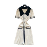 Retro Trendy Polo Collar Short-Sleeved Dress Women's Summer Metal Buckle Waist Thin Knitted