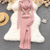 Women Korean Knitted Dress Long Sleeve V Neck Elastic Slim Pencil Dresses 2021 Autumn Sexy Bodycon Split Sweater