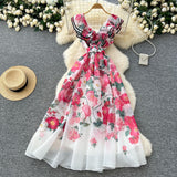 Elegant Dress Women's Summer Famous High-End Feel Lotle Side V-Neck Waist Thin Print Large Swing