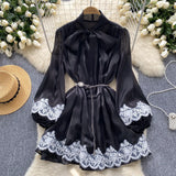 Dress Women's Neckline Bow Tie With Lantern Sleeve Lace Splicing Bright Face Chiffon Skirt Skirt