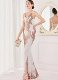 White Formal Sequin Sleeveless V-Neck Mermaid Evening