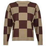 Autumn Winter Plaid Brown Knitted Sweater Women Casual Korean Fashion Pullovers Top Vintage Long Sleeve Jumpers