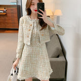 New Autumn Small Fragrance Tweed 2 Piece Set Women Elegant Short Jacket Coat + Mini Tank Tassel Wool Blend Dress