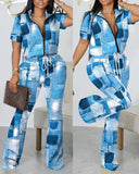 Neck Short Sleeve Top Women Two Piece Suits Lace Up Straight Long Pants Sets Print Tight High Waist Office Lady 2023