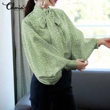2022 Fashion Bow Tie Elegant Top Women Lantern Sleeve Printed Blouse Elegant Ladies Shirt High Collor Casual Party