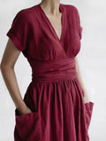 Summer New Women's Dress Fashion Retro Cotton Linen Short Sleeve Lace Up Waist V-neck Pocket Large Swing Fork Women's