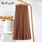 2020 Casual Belted Pleated Skirt Woman Midi Fashion Elegant Retro Chic Skirt Female Harajuku Spring Summer Faldas