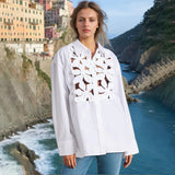 Toloer Autumn New Fashion Leisure Three-Dimensional Flower Splicing Advanced Sense Single Breasted Hollow Out Long Sleeve Shirt Female-Outfit