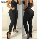 V Neck Spaghetti Strap Button Design Skinny Sexy Cami Vest Top Ladies Holiday Bodycon Pencil Pants Set Women's Two