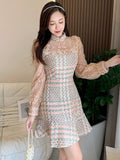 Runway Autumn Pearls Mesh Patchwork Tweed Dress Women's Long Sleeve Gorgeous Flower Embroidery Elegant Mermaid