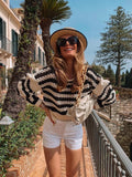 Women Fashion Striped Casual Knitting Sweater Autumn Female Chic O Neck Pullover Hollow Out Tops