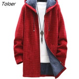Autumn Winter Hooded Coat Men Brand Clothing Cool Mens Long Coat Plush Liner Sweater Zipper Knitted Cardigan Male