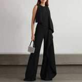 Summer Asymmetrical Jumpsuits O-neck Fashion Sleeveless Women Wide Leg Pant Overalls Ruffles Holiday Casual Long