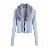Female Long Sleeve Outerwear Chic Tops Women Fashion Patchwork Faux Fur Knitted Cardigan Sweater Vintage With