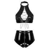 Toloer Ladies PVC Mirror Leather Vest Sexy Zipper Open Gear Shorts Size Accurate Odor Free-Outfit