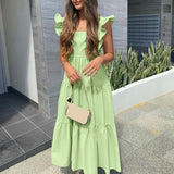 2022 Summer Maxi Sundress Women Sexy Sleeveless Ruffle Dress Bohemian Square Collar Casual Solid Beach Party Vestido