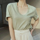 Loose Solid Minimalist T Shirt For Women U Neck Short Sleeve Casual T Shirts Female Summer Clothing Style New