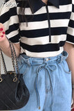 Women Clothing Korean Chic Tshirts Fashion Striped Puff Sleeve Half Zipper Tees Y2k Tops Loose Casual Vintage Summer