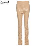 Women PU Summer Stacked Faux Leather Pants High Waist Ruched Side Split Trouser Sexy Fashion Hot Street Party