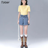 Women T-shirts 2022 Summer Short Puff Sleeve O Neck Loose Tees Solid Yellow Flower Pin Elegant