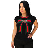 T Shirt Women Bow Tie Print Casual T-Shirt Short Sleeve Female Tshirts Tops O-Neck Blusas
