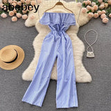 Women's Clubwear Romper Striped Jumpsuit Women Sexy Slash Neck Party Clubwear Jumpsuit Casual Wide Leg Overalls