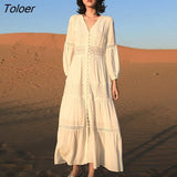 2023 Spring Summer Dress Women Cotton Patchwork Lace Dresses V-Neck Lantern Sleeve Maxi Dress Beach Long Female