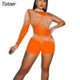 Diamonds Rompers And Jumpsuits Summer Sexy Short Jumpsuits For Women Casual Mesh See Through Long Sleeve Romper