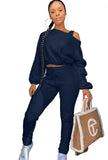 Winter Sexy Fleece Shoulder Slope Long Sleeve Top And Pant 2 Piece