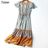 Floral Printed Midi Dress V Neck Ruffle Sleeve Vintage Tassel Vestidos Summer 2023 Beach Casual Clothes Long Women