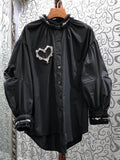 Korean Fashion Patchwork Diamond Shirt For Women Stand Collar Long Sleeve Solid Button Through Blouse Female