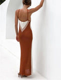 Beige Romantic Strap Sleeveless Color Blocking Knitted Backless Long Loose Holiday