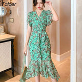 Summer Vintage Ruffle Beach Holiday Midi Dress Ladies Streetwear Elegant Casual Floral Print French Romantic Wrap