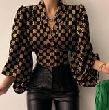 Explosion Spring New Temperament Button V-Neck Lantern Sleeve