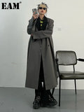 Women Gray Brief Big Size Long Trench New Lapel Long Sleeve Loose Fit Windbreaker Fashion Tide Spring Autumn 2023