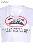 Slogan Print White Graphic T Shirts Sexy Summer Clothes for Women Street Fashion Deep V Short Sleeve Crop Top