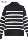 Women Autumn Fashion Casual Turtleneck Striped Jacquard Sweater Streetwear Long Sleeve Knitted Pullover Chic Winter Warm