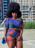 Printed Casual O-Neck Short Sleeves Tie Dye Plus Size Two Piece Skirt