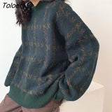 Women Pullover Patchwork Loose Lantern Sleeve Simple Knitted Sweater Female Elegant All-match Trendy Popular Streetwear