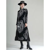 Women Black Ripple Printed Long Elehgant Dress New Stand Collar Long Sleeve Loose Fit Fashion Spring Autumn 2023