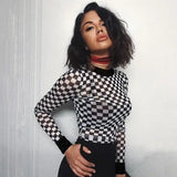 black white plaid checkerboard t-shirts for women Hollow out slim top female t-shirt long sleeve tee
