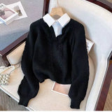 Autumn And Winter Splicing Women's Shirt Wear Design Niche Collar Loose Jaflage Shirt Fake